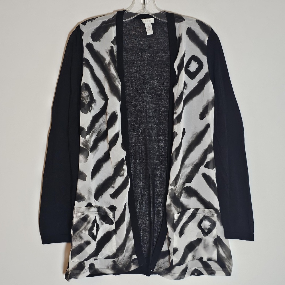 Chicos Jacket Womens 2 Black White Open Front Abstract Print Lightweight Pockets
